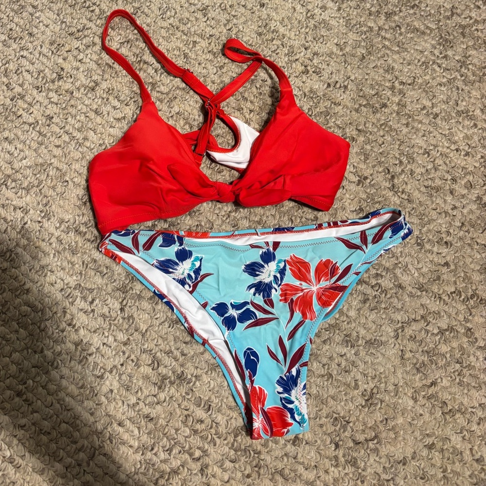 Red and Floral Bikini Set